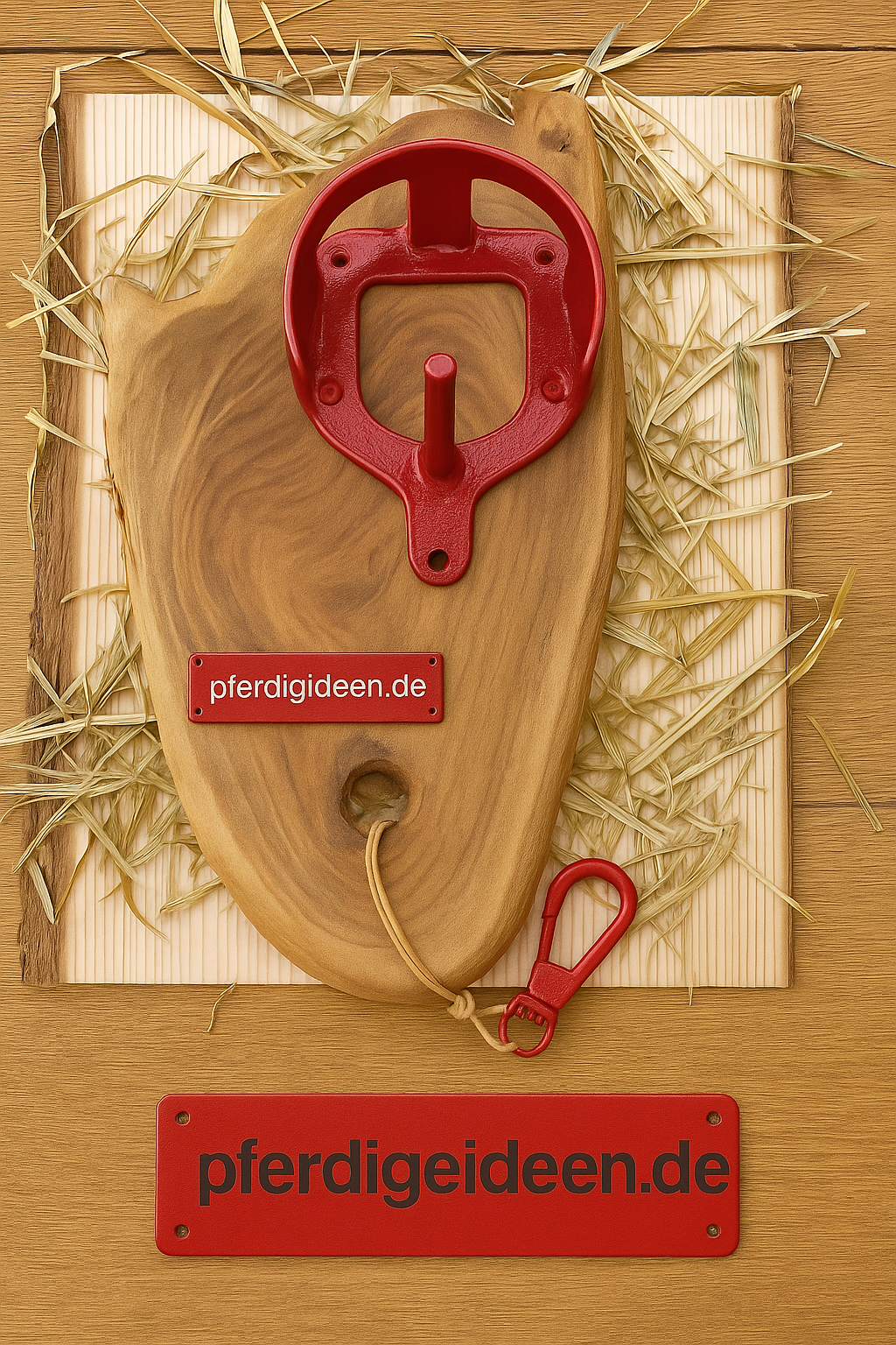 Halfterhalter auf massiver Baumscheibe (ca. 38cmX19cm) aus hochwertigem Akazienholz mit Namensschild / Wunschgravur aus Metall , sowie Karabinerhaken - Handmade - DIE pferdige Geschenkidee ! (Versandkostenfrei!)