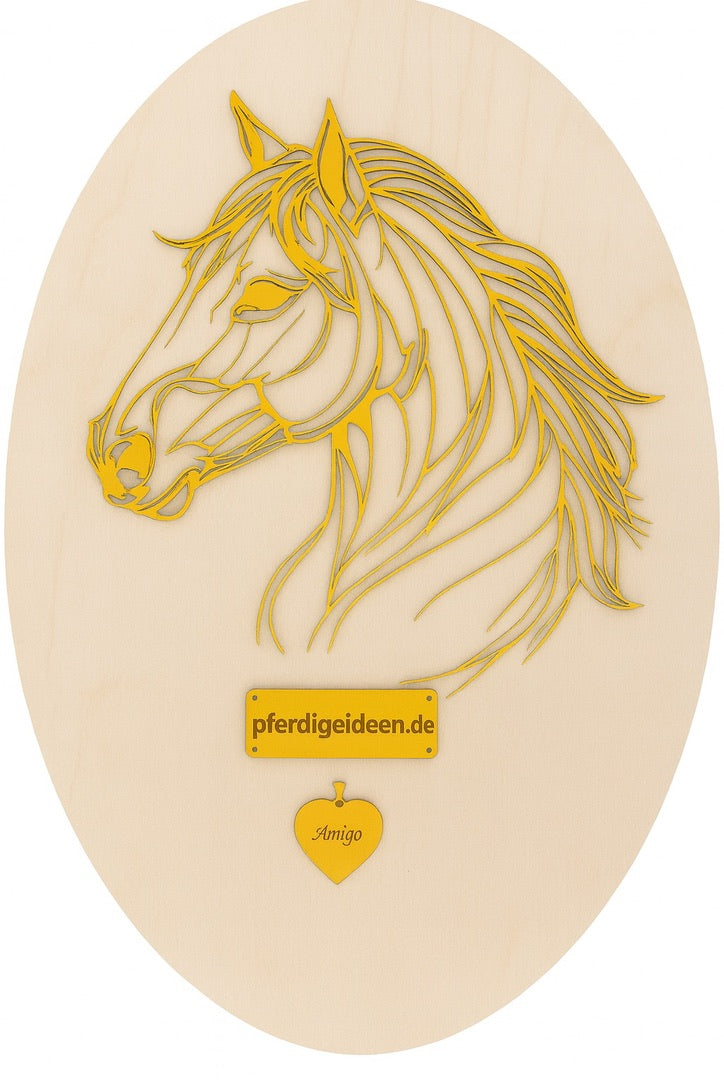 Pferdekopf 3 aus Metall auf Holz mit Namensschild aus Metall inkl. Herz! (ca. 34x30cm) - Handmade - DIE pferdige Geschenkidee ! (Versandkostenfrei!)