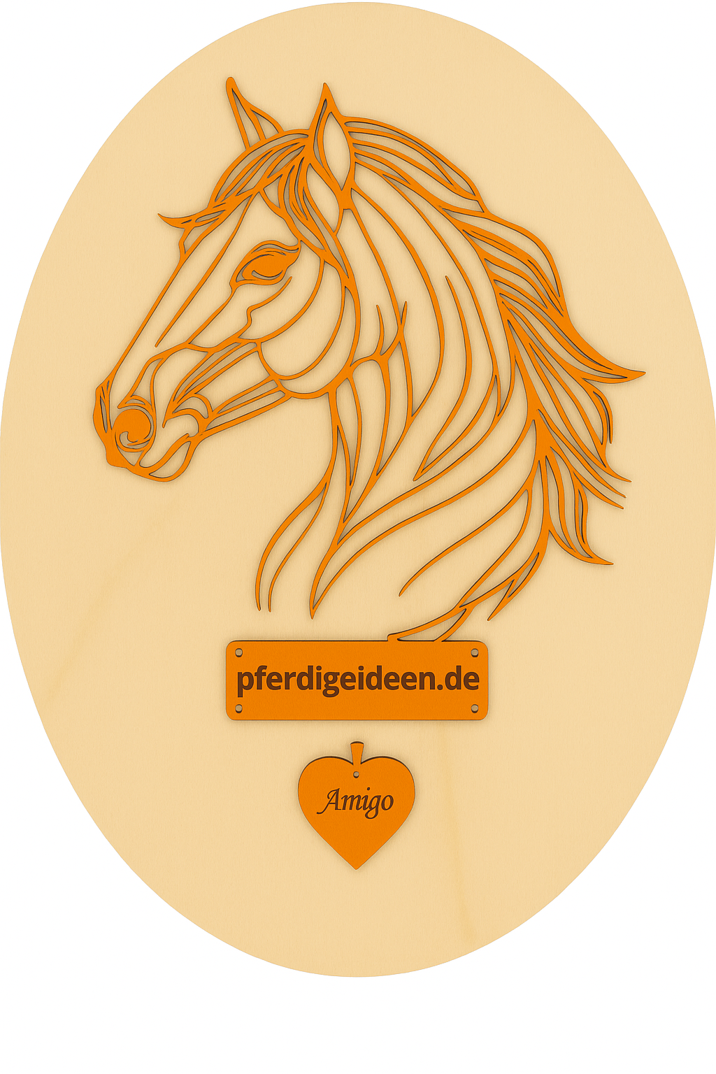 Pferdekopf 3 aus Metall auf Holz mit Namensschild aus Metall inkl. Herz! (ca. 34x30cm) - Handmade - DIE pferdige Geschenkidee ! (Versandkostenfrei!)