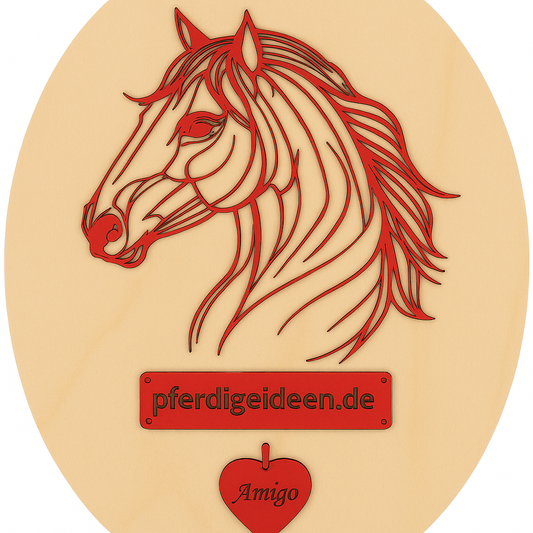 Pferdekopf 3 aus Metall auf Holz mit Namensschild aus Metall inkl. Herz! (ca. 34x30cm) - Handmade - DIE pferdige Geschenkidee ! (Versandkostenfrei!)