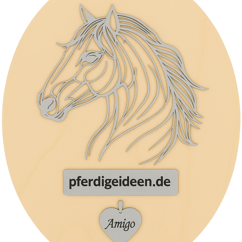 Pferdekopf 3 aus Metall auf Holz mit Namensschild aus Metall inkl. Herz! (ca. 34x30cm) - Handmade - DIE pferdige Geschenkidee ! (Versandkostenfrei!)