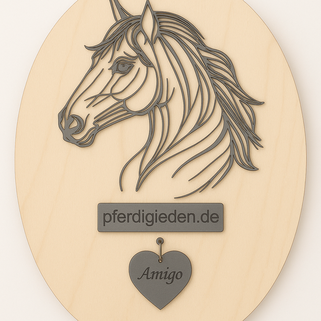 Pferdekopf 3 aus Metall auf Holz mit Namensschild aus Metall inkl. Herz! (ca. 34x30cm) - Handmade - DIE pferdige Geschenkidee ! (Versandkostenfrei!)