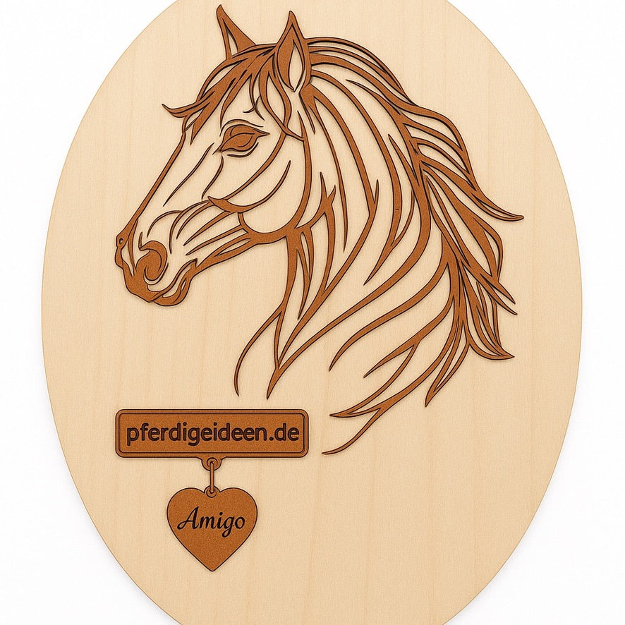 Pferdekopf 3 aus Metall auf Holz mit Namensschild aus Metall inkl. Herz! (ca. 34x30cm) - Handmade - DIE pferdige Geschenkidee ! (Versandkostenfrei!)