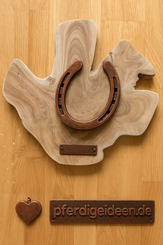 Hufeisen - Original auf Teak Massivholz (ca. 35x35x2 cm) mit Ihrer Wunschgravur aus Metall ! - Handmade - jedes Stück ein Unikat ! DIE pferdige Geschenkidee ! (Versandkostenfrei!)