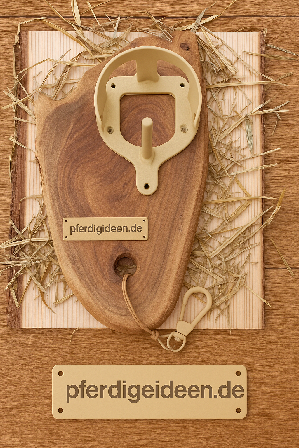 Halfterhalter auf massiver Baumscheibe (ca. 38cmX19cm) aus hochwertigem Akazienholz mit Namensschild / Wunschgravur aus Metall , sowie Karabinerhaken - Handmade - DIE pferdige Geschenkidee ! (Versandkostenfrei!)