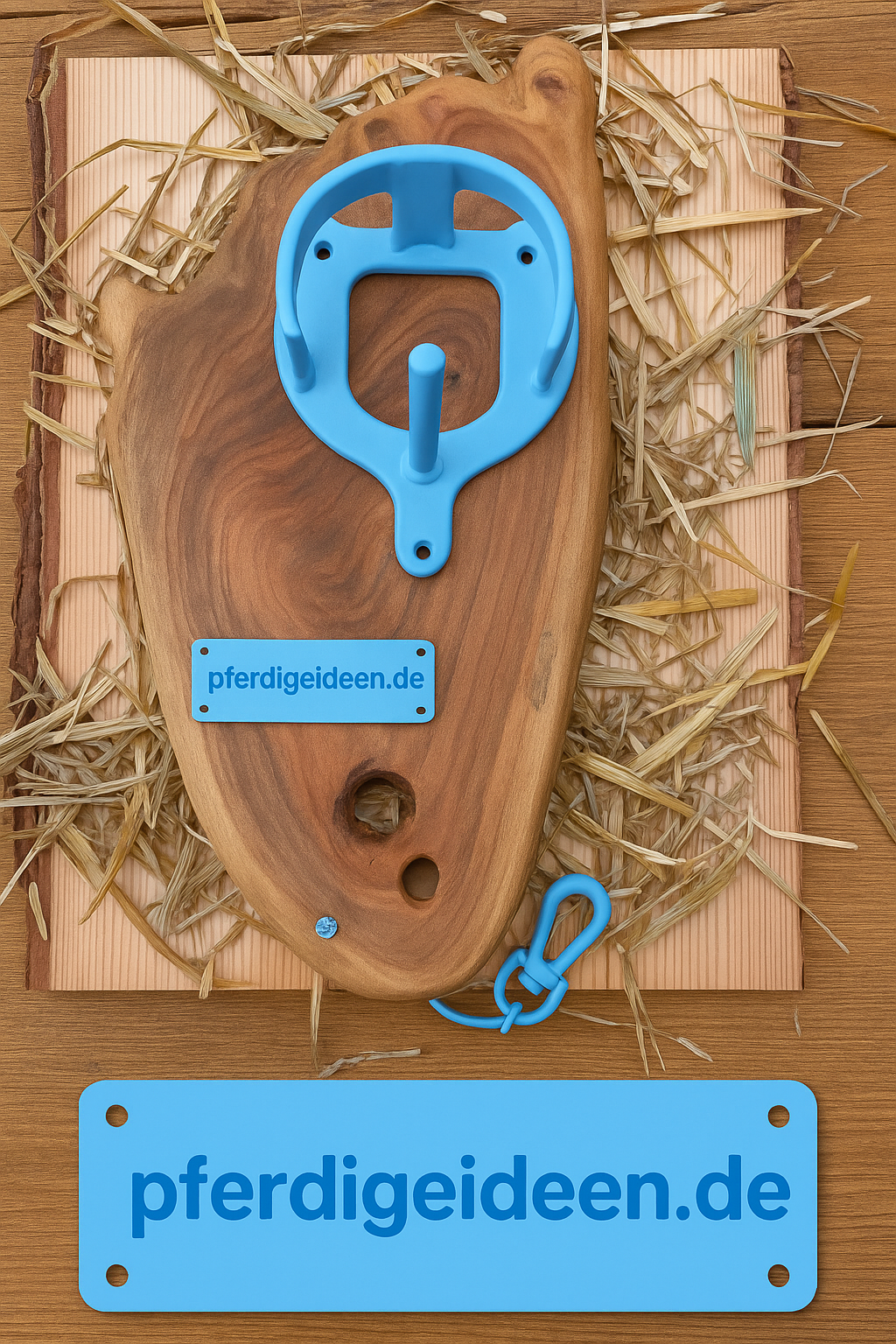 Halfterhalter auf massiver Baumscheibe (ca. 38cmX19cm) aus hochwertigem Akazienholz mit Namensschild / Wunschgravur aus Metall , sowie Karabinerhaken - Handmade - DIE pferdige Geschenkidee ! (Versandkostenfrei!)