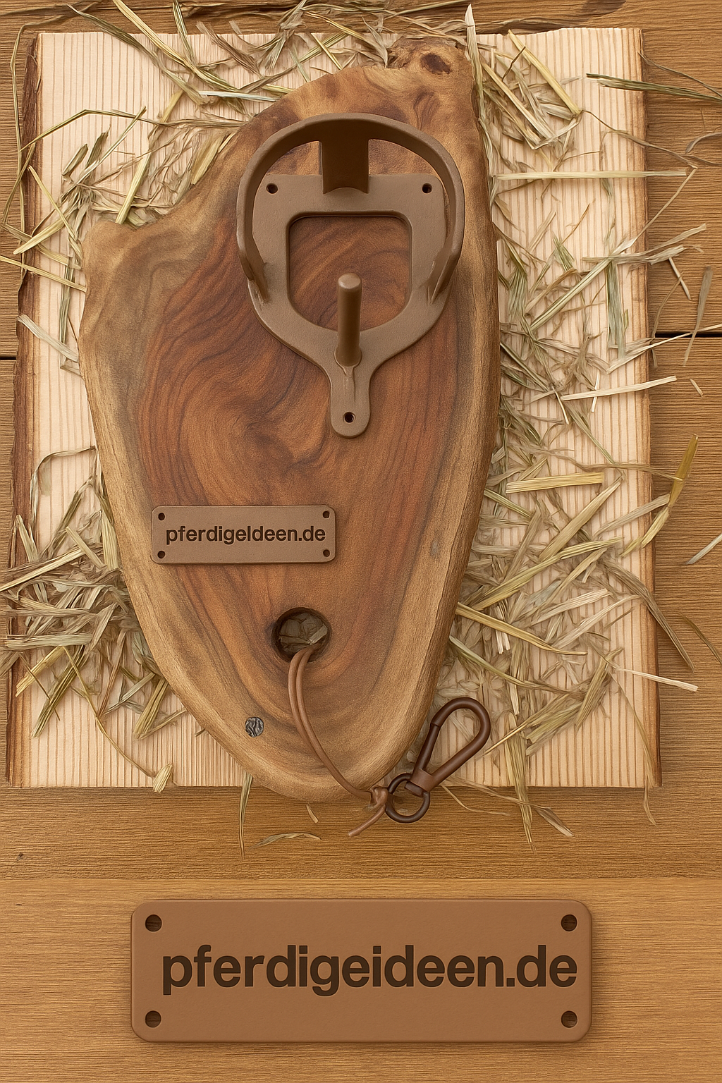 Halfterhalter auf massiver Baumscheibe (ca. 38cmX19cm) aus hochwertigem Akazienholz mit Namensschild / Wunschgravur aus Metall , sowie Karabinerhaken - Handmade - DIE pferdige Geschenkidee ! (Versandkostenfrei!)