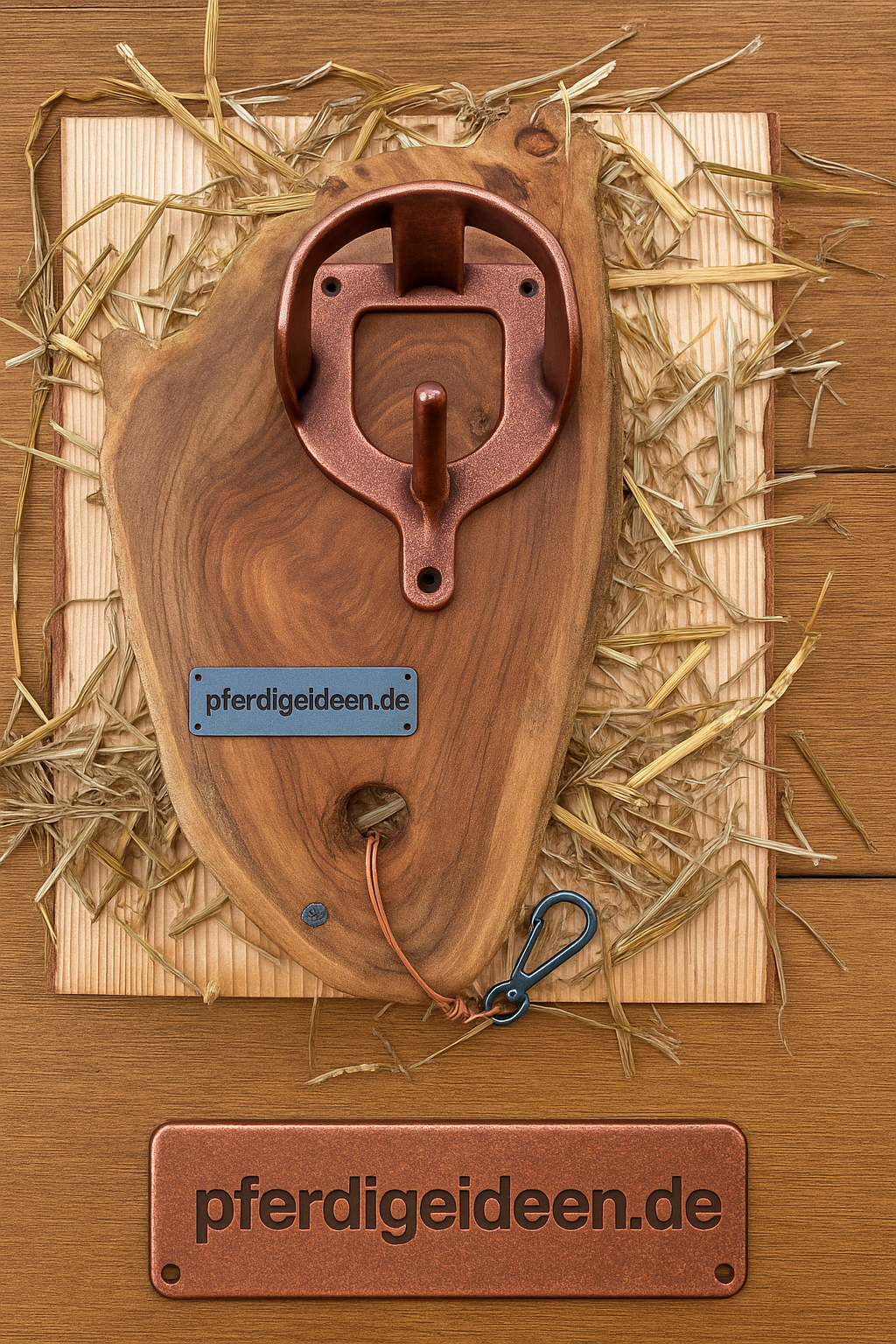 Halfterhalter auf massiver Baumscheibe (ca. 38cmX19cm) aus hochwertigem Akazienholz mit Namensschild / Wunschgravur aus Metall , sowie Karabinerhaken - Handmade - DIE pferdige Geschenkidee ! (Versandkostenfrei!)