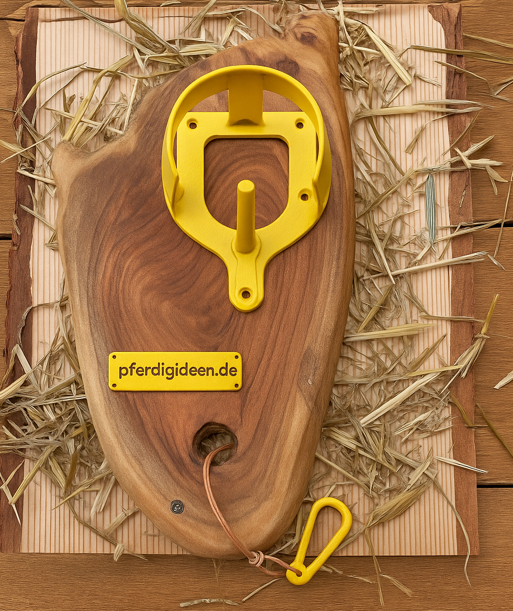 Halfterhalter auf massiver Baumscheibe (ca. 38cmX19cm) aus hochwertigem Akazienholz mit Namensschild / Wunschgravur aus Metall , sowie Karabinerhaken - Handmade - DIE pferdige Geschenkidee ! (Versandkostenfrei!)