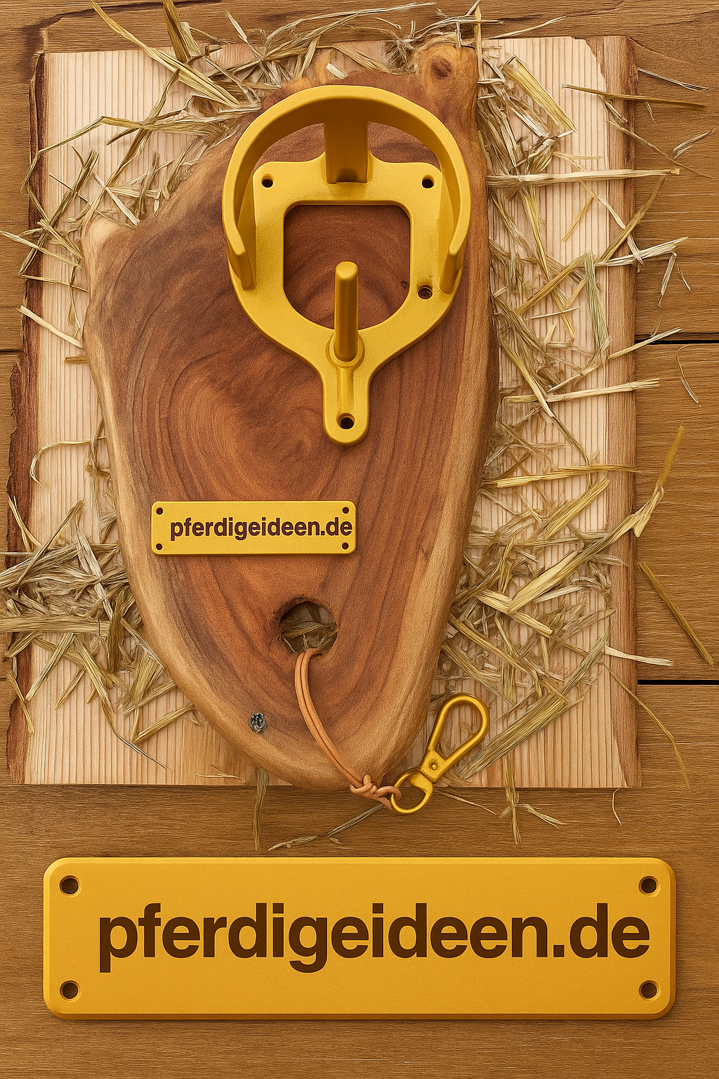 Halfterhalter auf massiver Baumscheibe (ca. 38cmX19cm) aus hochwertigem Akazienholz mit Namensschild / Wunschgravur aus Metall , sowie Karabinerhaken - Handmade - DIE pferdige Geschenkidee ! (Versandkostenfrei!)