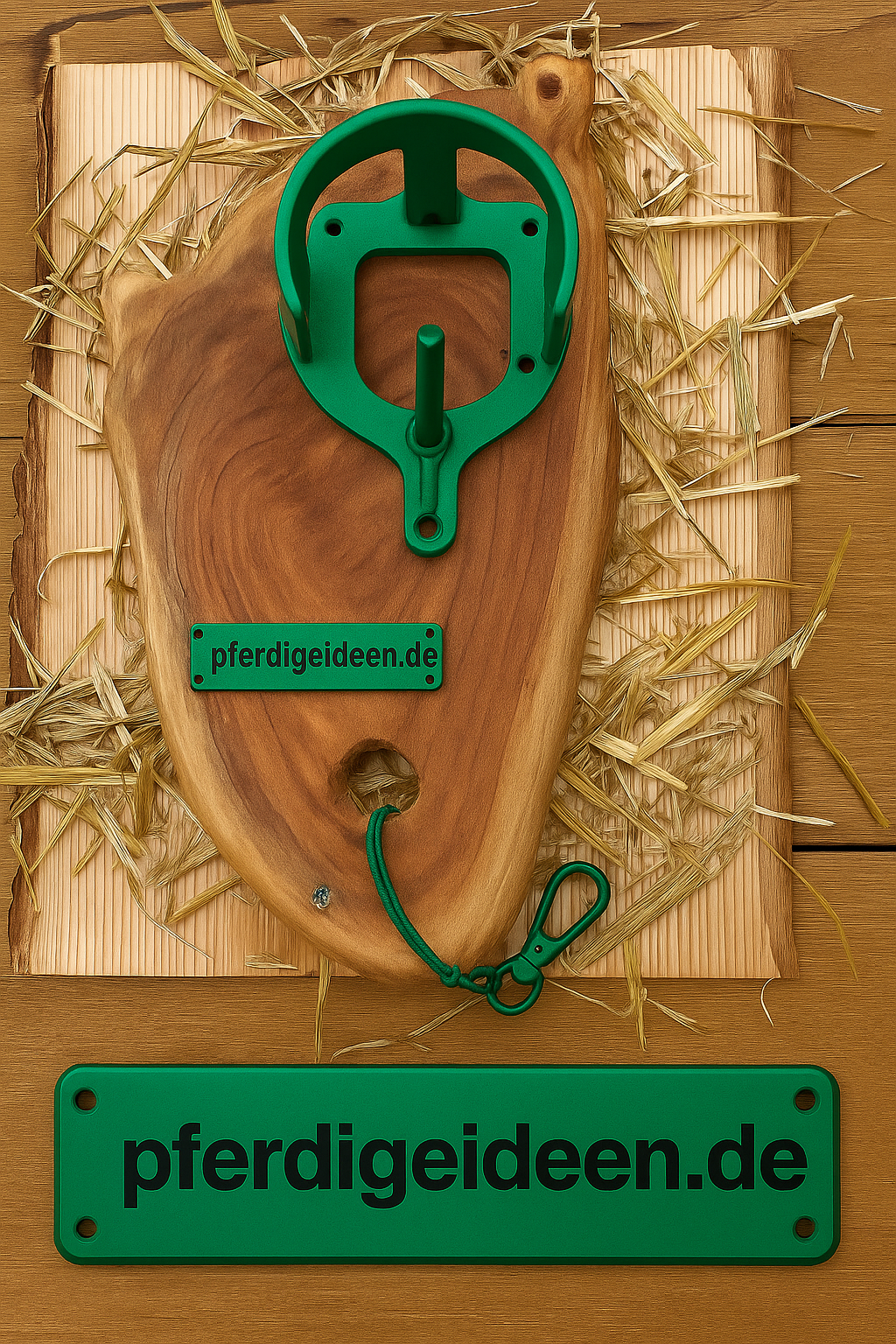 Halfterhalter auf massiver Baumscheibe (ca. 38cmX19cm) aus hochwertigem Akazienholz mit Namensschild / Wunschgravur aus Metall , sowie Karabinerhaken - Handmade - DIE pferdige Geschenkidee ! (Versandkostenfrei!)