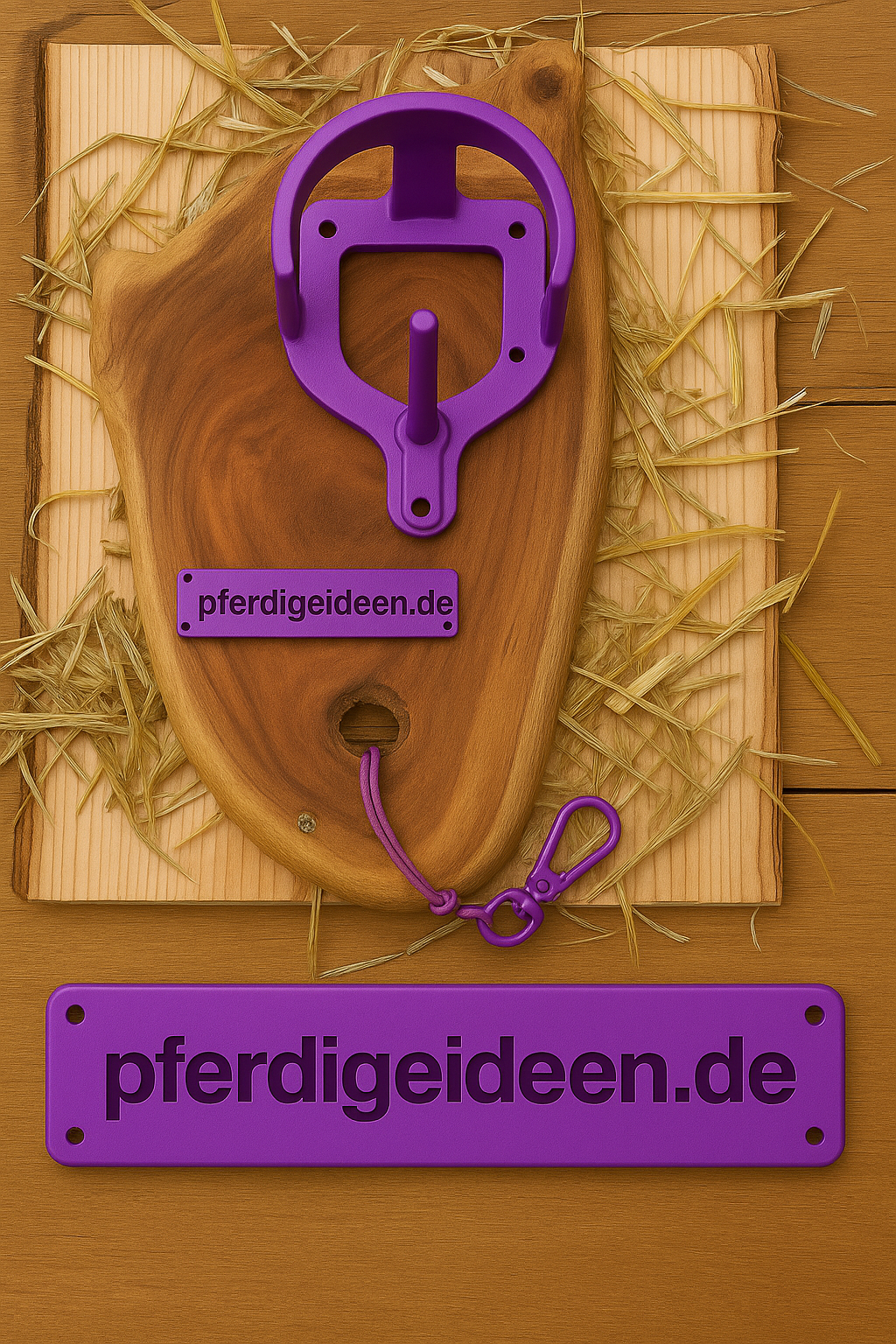 Halfterhalter auf massiver Baumscheibe (ca. 38cmX19cm) aus hochwertigem Akazienholz mit Namensschild / Wunschgravur aus Metall , sowie Karabinerhaken - Handmade - DIE pferdige Geschenkidee ! (Versandkostenfrei!)