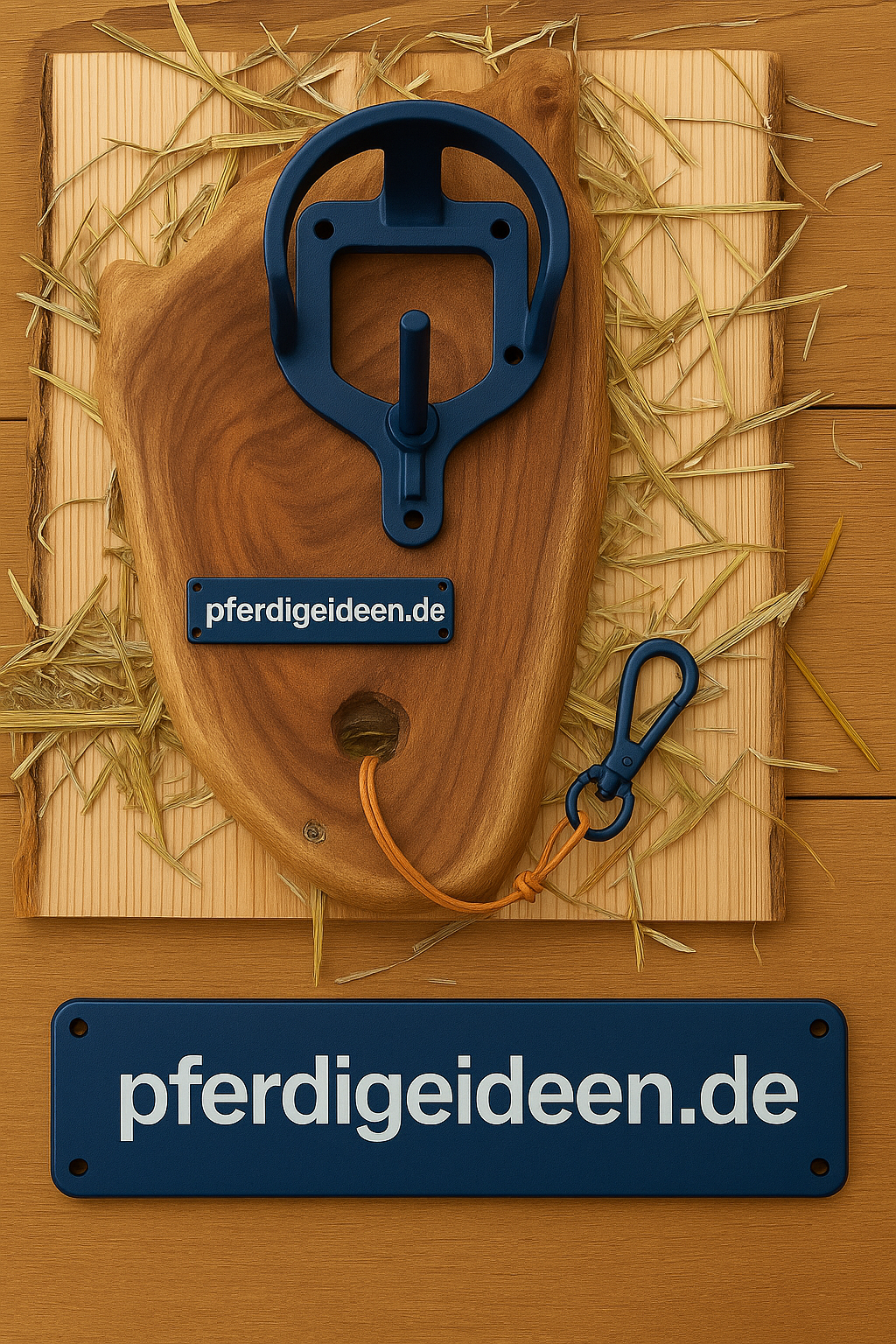 Halfterhalter auf massiver Baumscheibe (ca. 38cmX19cm) aus hochwertigem Akazienholz mit Namensschild / Wunschgravur aus Metall , sowie Karabinerhaken - Handmade - DIE pferdige Geschenkidee ! (Versandkostenfrei!)