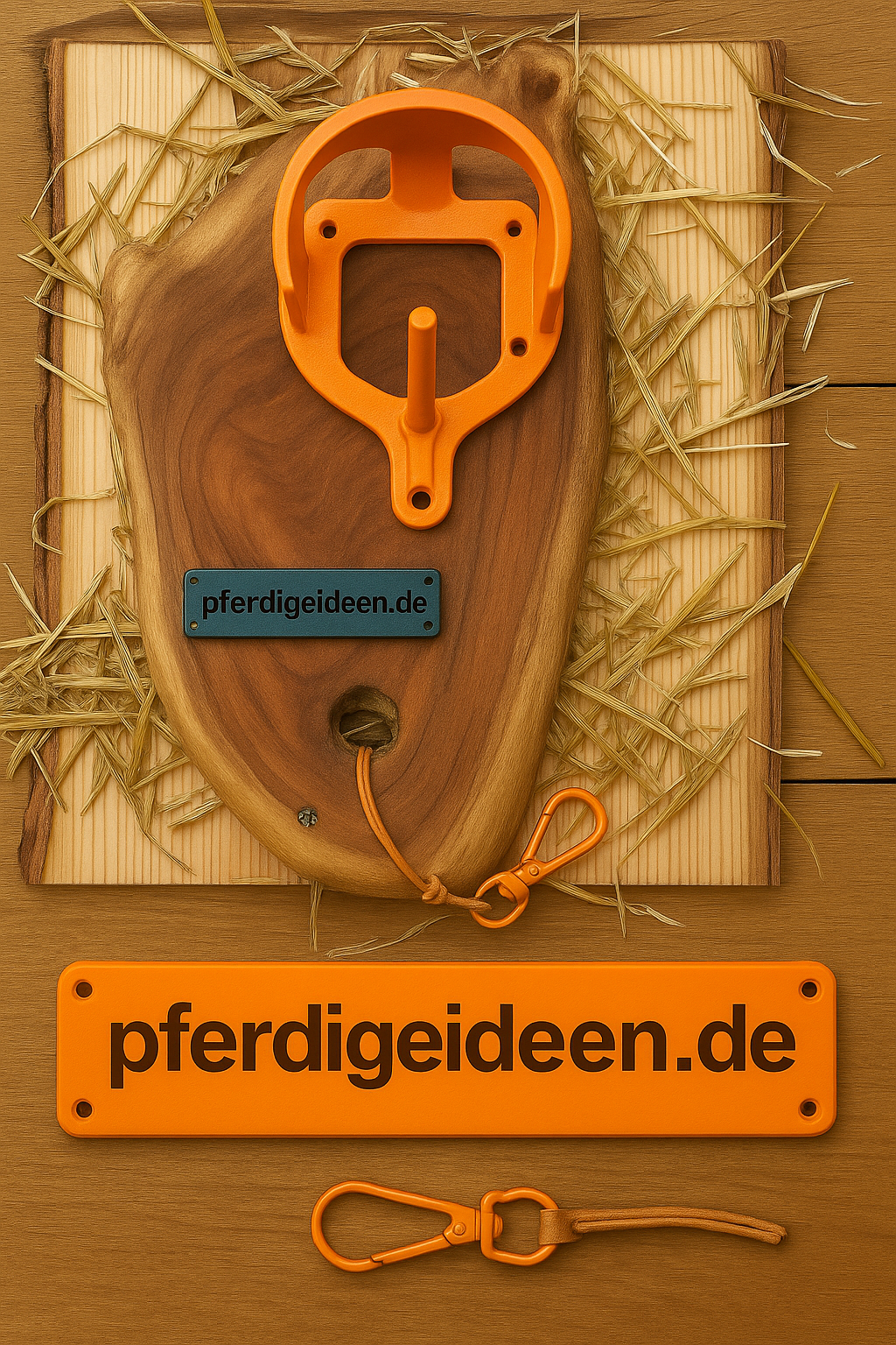 Halfterhalter auf massiver Baumscheibe (ca. 38cmX19cm) aus hochwertigem Akazienholz mit Namensschild / Wunschgravur aus Metall , sowie Karabinerhaken - Handmade - DIE pferdige Geschenkidee ! (Versandkostenfrei!)