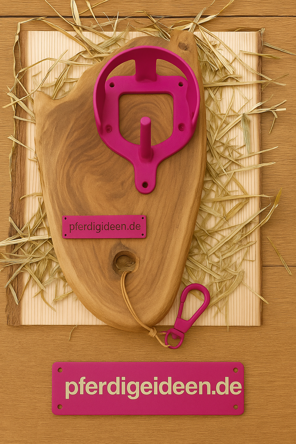 Halfterhalter auf massiver Baumscheibe (ca. 38cmX19cm) aus hochwertigem Akazienholz mit Namensschild / Wunschgravur aus Metall , sowie Karabinerhaken - Handmade - DIE pferdige Geschenkidee ! (Versandkostenfrei!)