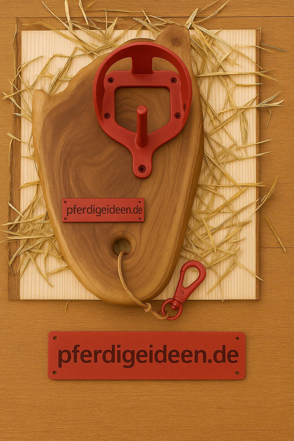 Halfterhalter auf massiver Baumscheibe (ca. 38cmX19cm) aus hochwertigem Akazienholz mit Namensschild / Wunschgravur aus Metall , sowie Karabinerhaken - Handmade - DIE pferdige Geschenkidee ! (Versandkostenfrei!)