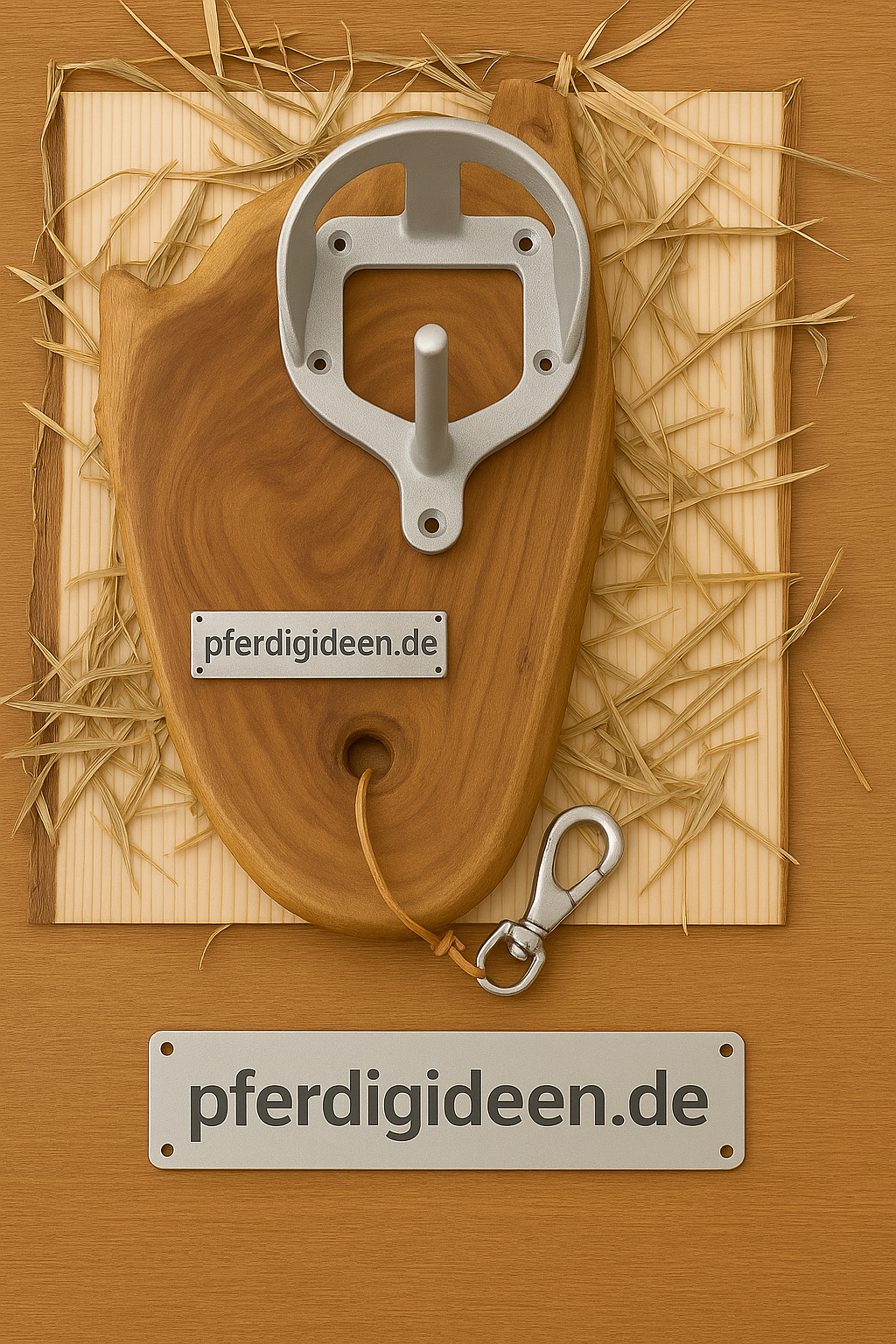 Halfterhalter auf massiver Baumscheibe (ca. 38cmX19cm) aus hochwertigem Akazienholz mit Namensschild / Wunschgravur aus Metall , sowie Karabinerhaken - Handmade - DIE pferdige Geschenkidee ! (Versandkostenfrei!)