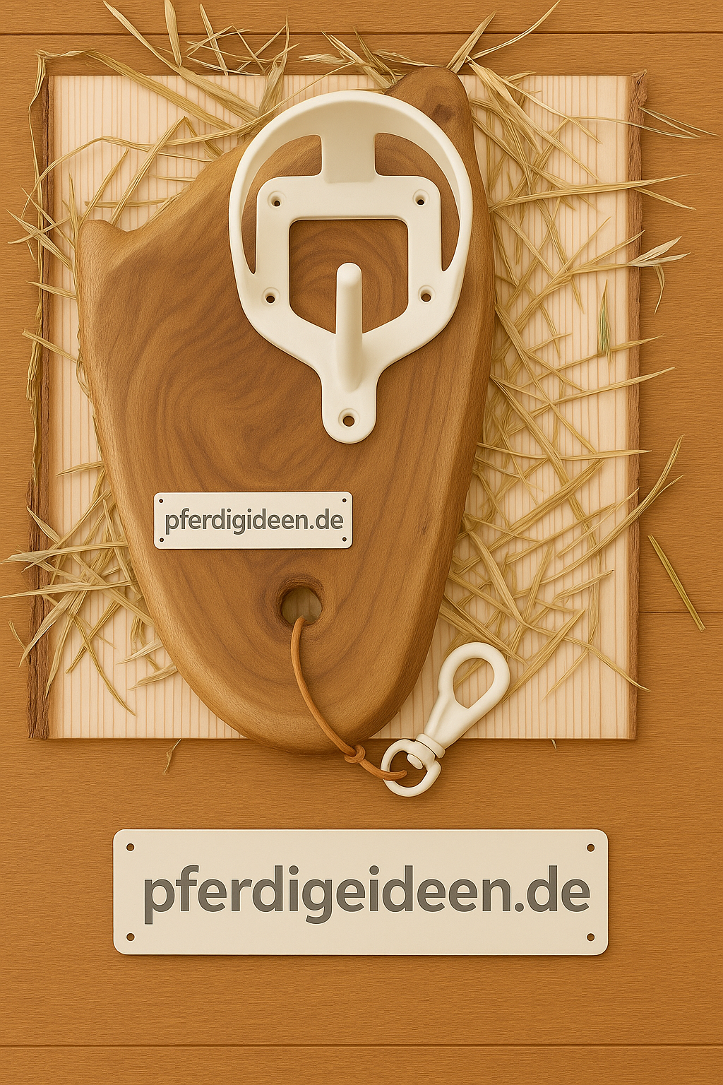 Halfterhalter auf massiver Baumscheibe (ca. 38cmX19cm) aus hochwertigem Akazienholz mit Namensschild / Wunschgravur aus Metall , sowie Karabinerhaken - Handmade - DIE pferdige Geschenkidee ! (Versandkostenfrei!)