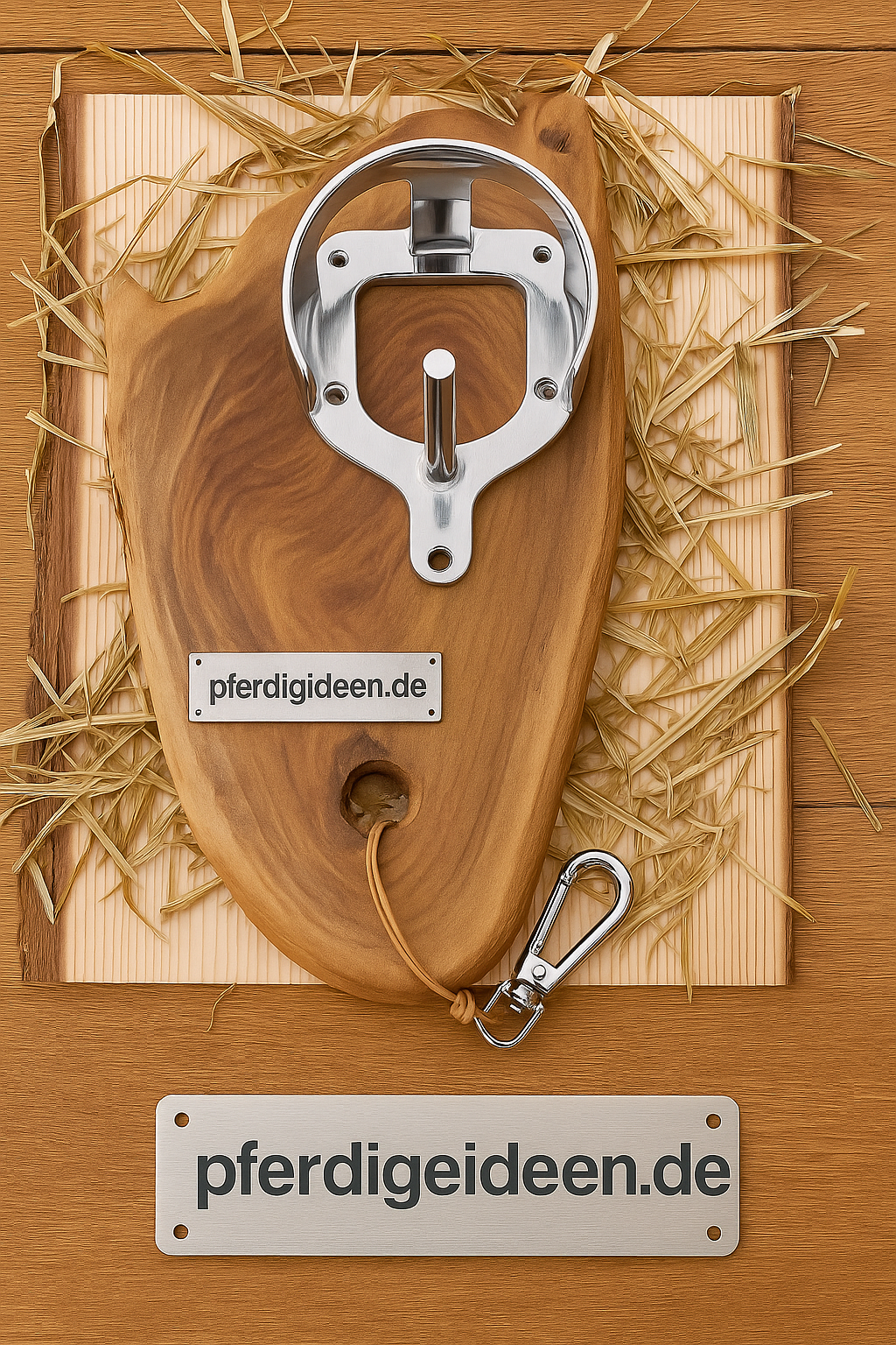 Halfterhalter auf massiver Baumscheibe (ca. 38cmX19cm) aus hochwertigem Akazienholz mit Namensschild / Wunschgravur aus Metall , sowie Karabinerhaken - Handmade - DIE pferdige Geschenkidee ! (Versandkostenfrei!)