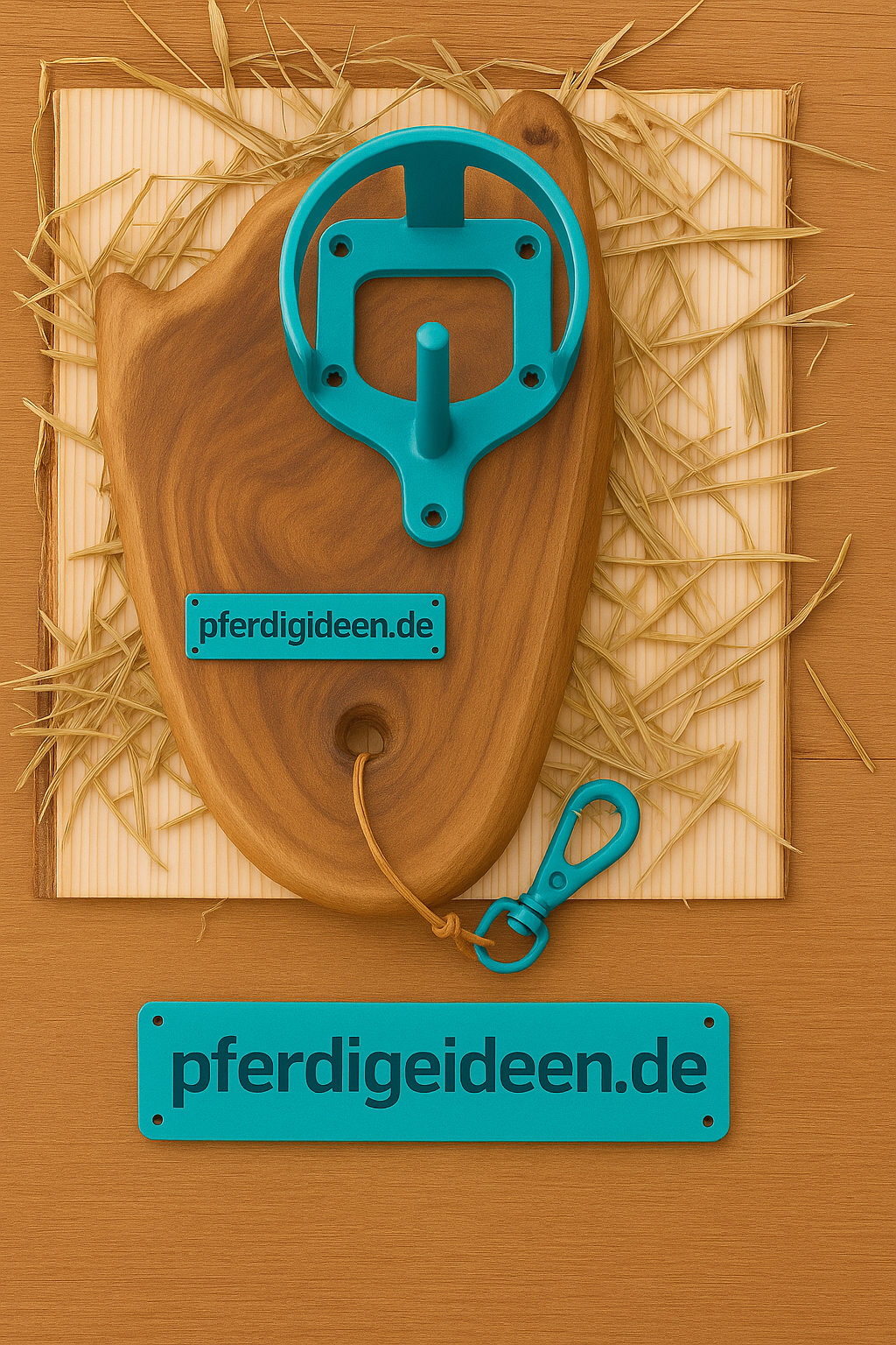 Halfterhalter auf massiver Baumscheibe (ca. 38cmX19cm) aus hochwertigem Akazienholz mit Namensschild / Wunschgravur aus Metall , sowie Karabinerhaken - Handmade - DIE pferdige Geschenkidee ! (Versandkostenfrei!)