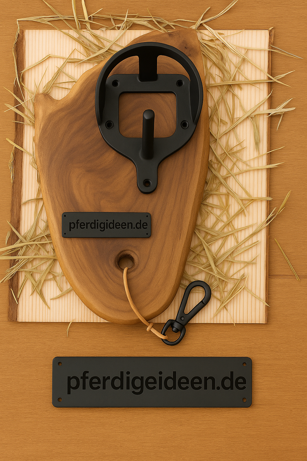 Halfterhalter auf massiver Baumscheibe (ca. 38cmX19cm) aus hochwertigem Akazienholz mit Namensschild / Wunschgravur aus Metall , sowie Karabinerhaken - Handmade - DIE pferdige Geschenkidee ! (Versandkostenfrei!)