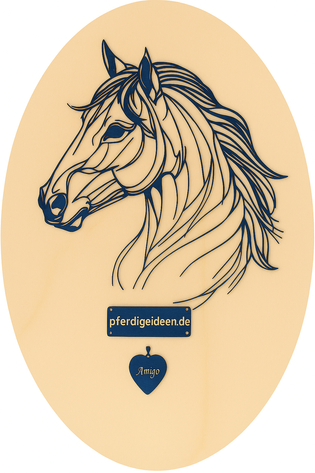 Pferdekopf 3 aus Metall auf Holz mit Namensschild aus Metall inkl. Herz! (ca. 34x30cm) - Handmade - DIE pferdige Geschenkidee ! (Versandkostenfrei!)