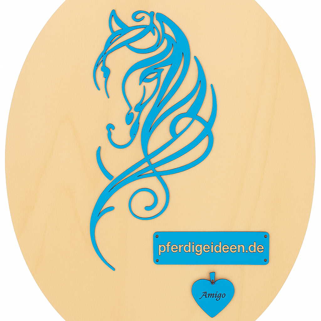 Pferdekopf 4 aus Metall auf Holz mit Namensschild aus Metall inkl. Herz! (ca. 30x14cm) - Handmade - DIE pferdige Geschenkidee !  (Versandkostenfrei!)