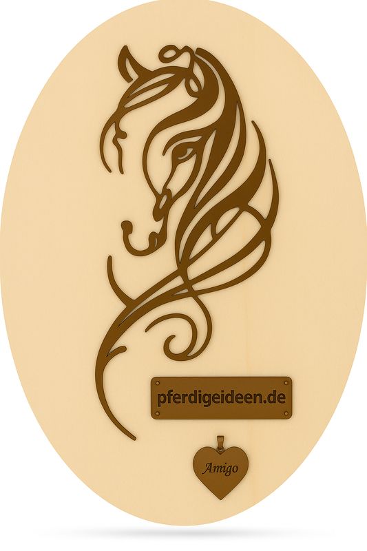 Pferdekopf 4 aus Metall auf Holz mit Namensschild aus Metall inkl. Herz! (ca. 30x14cm) - Handmade - DIE pferdige Geschenkidee !  (Versandkostenfrei!)