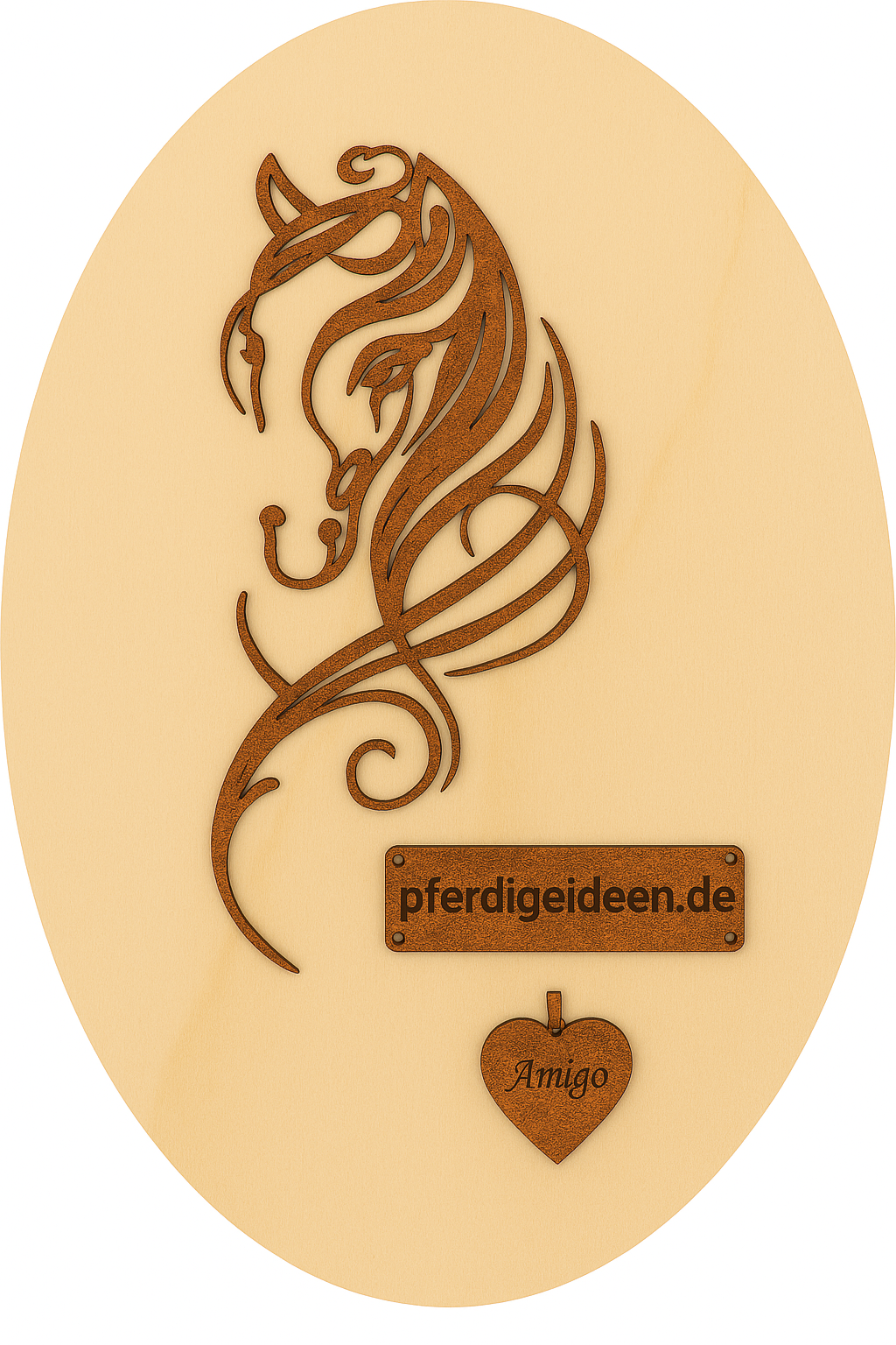 Pferdekopf 4 aus Metall auf Holz mit Namensschild aus Metall inkl. Herz! (ca. 30x14cm) - Handmade - DIE pferdige Geschenkidee !  (Versandkostenfrei!)