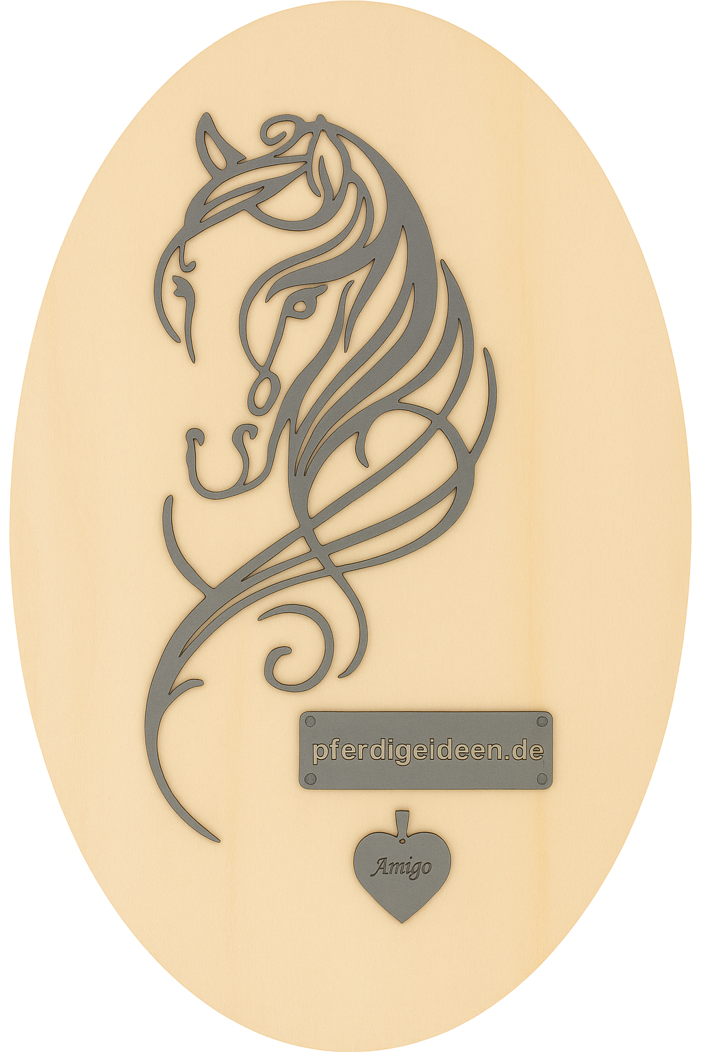 Pferdekopf 4 aus Metall auf Holz mit Namensschild aus Metall inkl. Herz! (ca. 30x14cm) - Handmade - DIE pferdige Geschenkidee !  (Versandkostenfrei!)