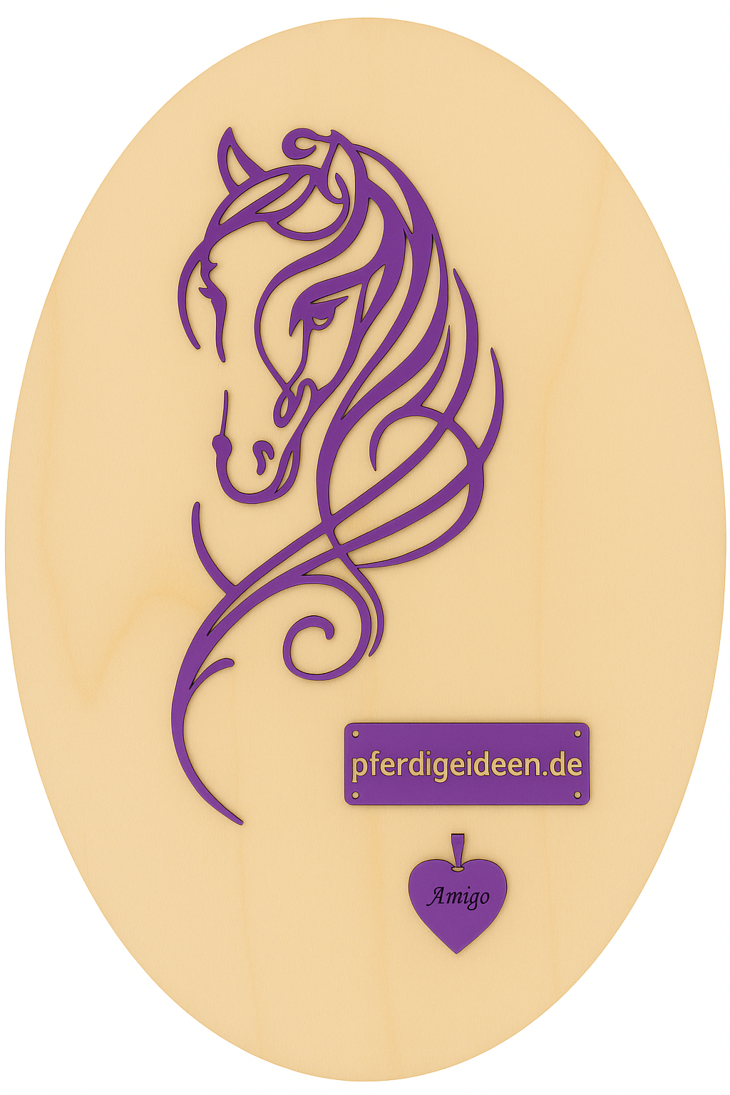 Pferdekopf 4 aus Metall auf Holz mit Namensschild aus Metall inkl. Herz! (ca. 30x14cm) - Handmade - DIE pferdige Geschenkidee !  (Versandkostenfrei!)