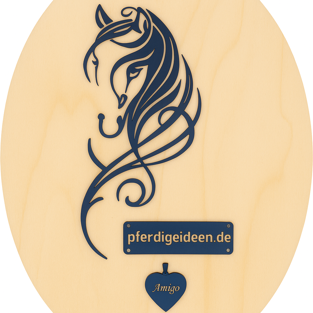 Pferdekopf 4 aus Metall auf Holz mit Namensschild aus Metall inkl. Herz! (ca. 30x14cm) - Handmade - DIE pferdige Geschenkidee !  (Versandkostenfrei!)