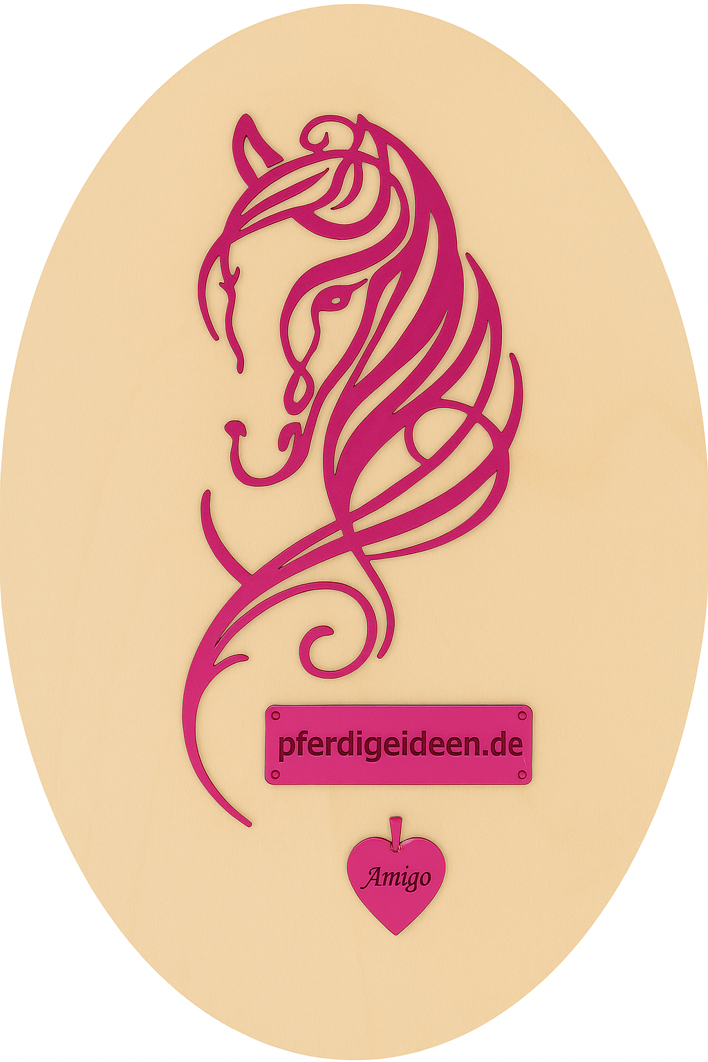 Pferdekopf 4 aus Metall auf Holz mit Namensschild aus Metall inkl. Herz! (ca. 30x14cm) - Handmade - DIE pferdige Geschenkidee !  (Versandkostenfrei!)