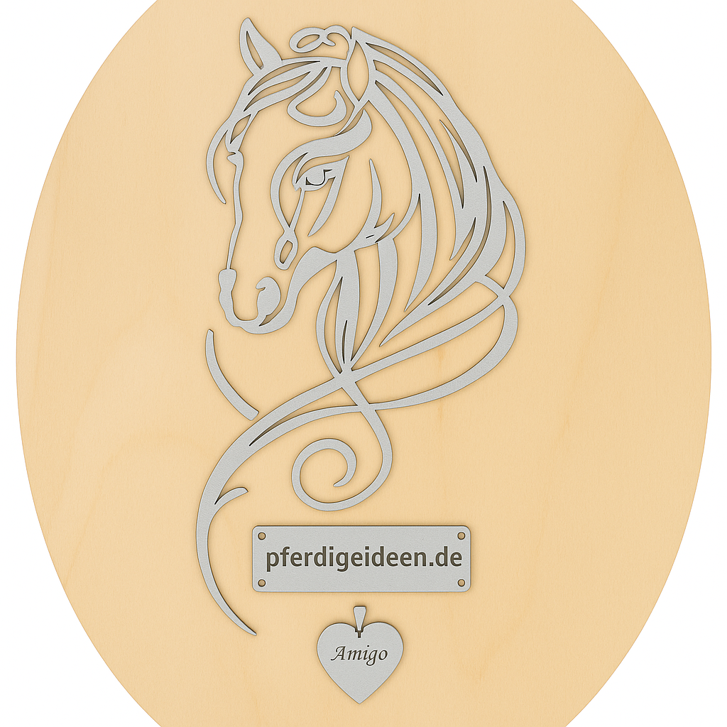 Pferdekopf 4 aus Metall auf Holz mit Namensschild aus Metall inkl. Herz! (ca. 30x14cm) - Handmade - DIE pferdige Geschenkidee !  (Versandkostenfrei!)