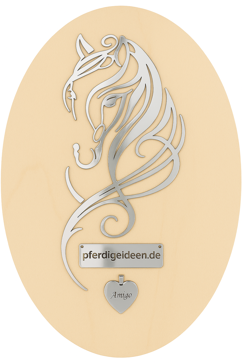 Pferdekopf 4 aus Metall auf Holz mit Namensschild aus Metall inkl. Herz! (ca. 30x14cm) - Handmade - DIE pferdige Geschenkidee !  (Versandkostenfrei!)