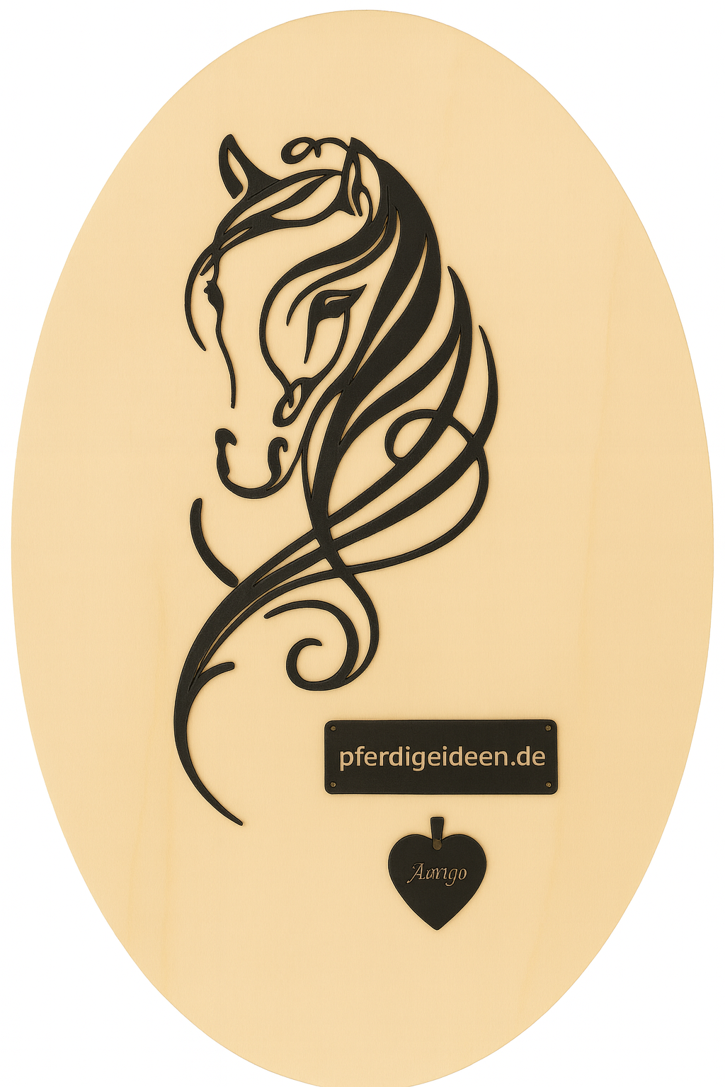 Pferdekopf 4 aus Metall auf Holz mit Namensschild aus Metall inkl. Herz! (ca. 30x14cm) - Handmade - DIE pferdige Geschenkidee !  (Versandkostenfrei!)