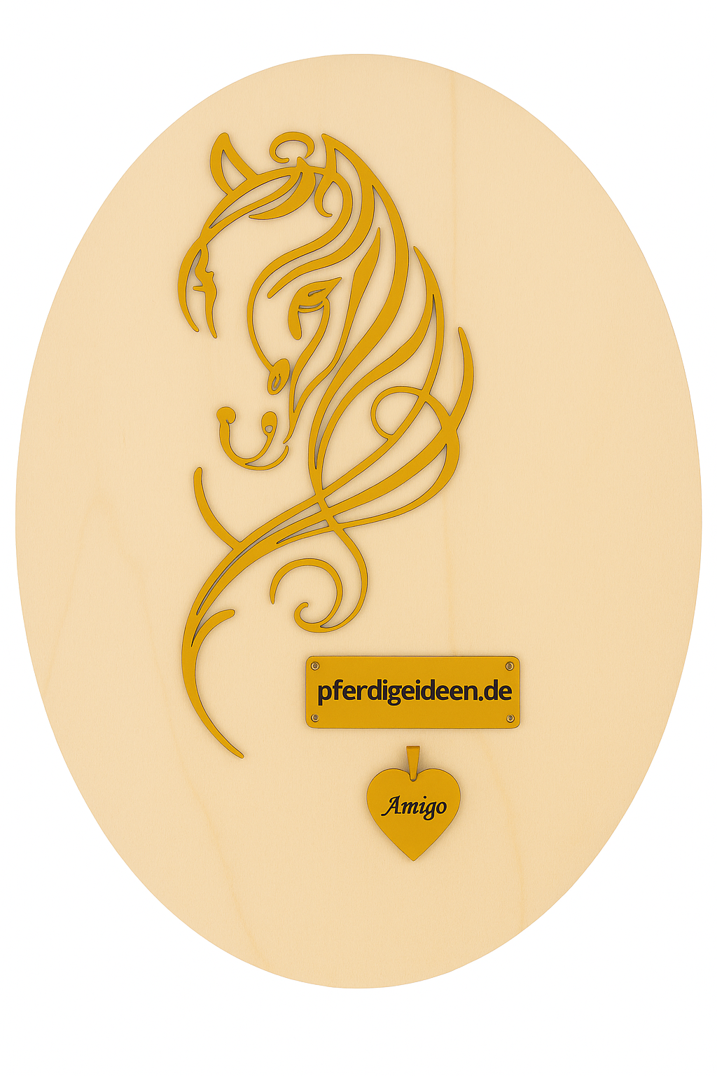 Pferdekopf 4 aus Metall auf Holz mit Namensschild aus Metall inkl. Herz! (ca. 30x14cm) - Handmade - DIE pferdige Geschenkidee !  (Versandkostenfrei!)