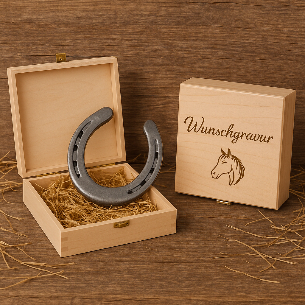 Hufeisen - Original in Holzbox mit individueller Wunschgravur auf Hufeisen & Box ! - Handmade - jedes Stück ein Unikat ! DIE pferdige Geschenkidee ! (Versandkostenfrei!)