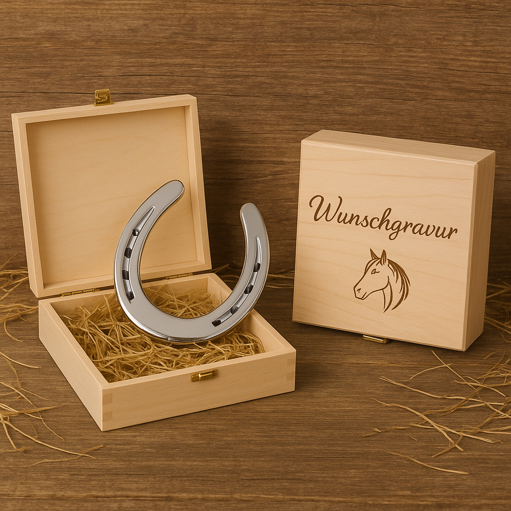 Hufeisen - Original in Holzbox mit individueller Wunschgravur auf Hufeisen & Box ! - Handmade - jedes Stück ein Unikat ! DIE pferdige Geschenkidee ! (Versandkostenfrei!)