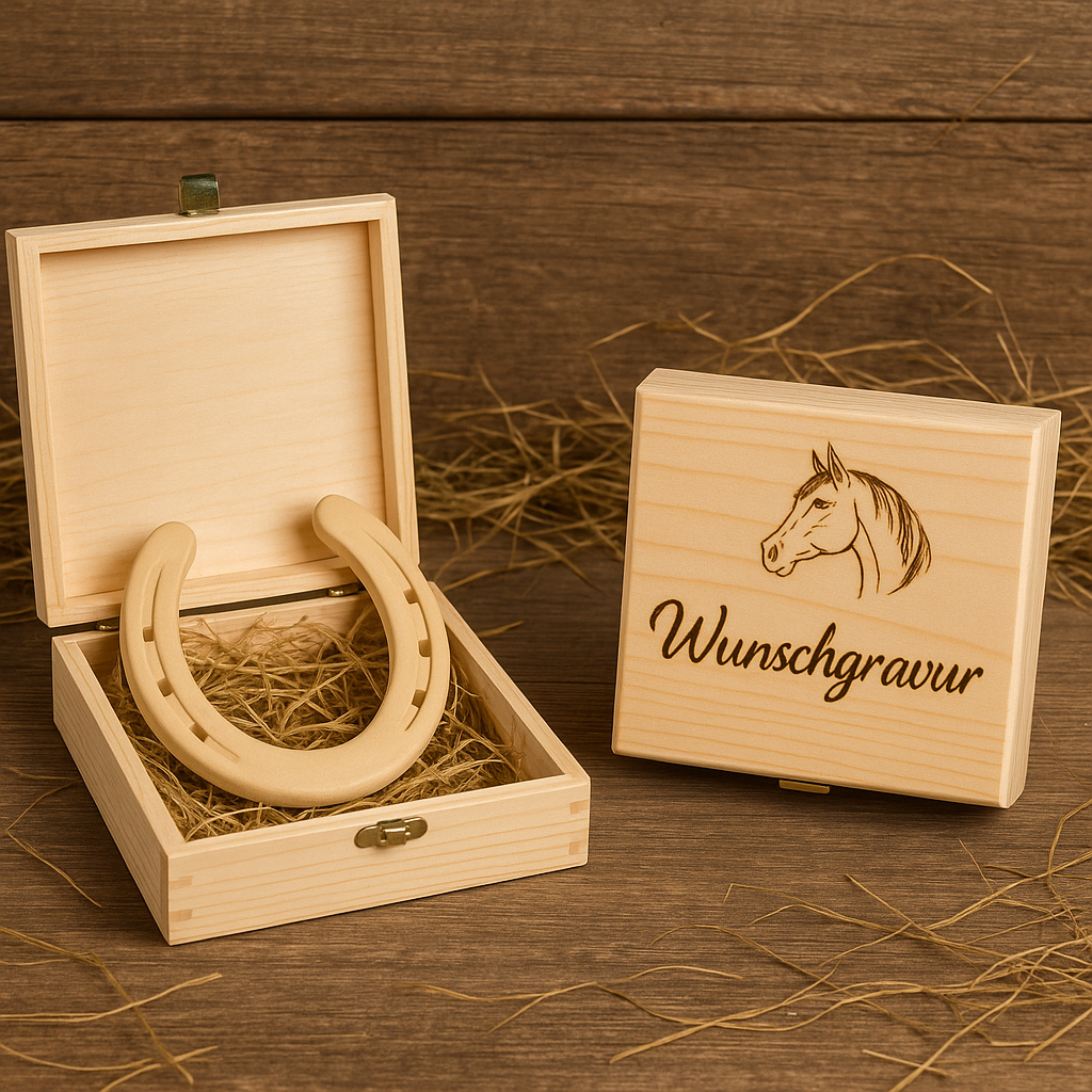 Hufeisen - Original in Holzbox mit individueller Wunschgravur auf Hufeisen & Box ! - Handmade - jedes Stück ein Unikat ! DIE pferdige Geschenkidee ! (Versandkostenfrei!)