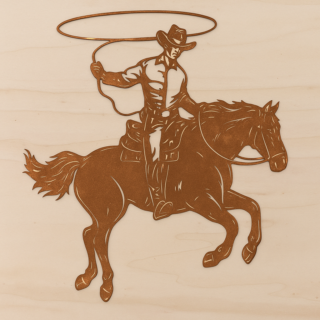 Pferd mit Cowboy aus Metall auf Holz mit Namensschild aus Metall  (ca. 40x40cm) - Handmade - DIE pferdige Geschenkidee ! (Versandkostenfrei!)