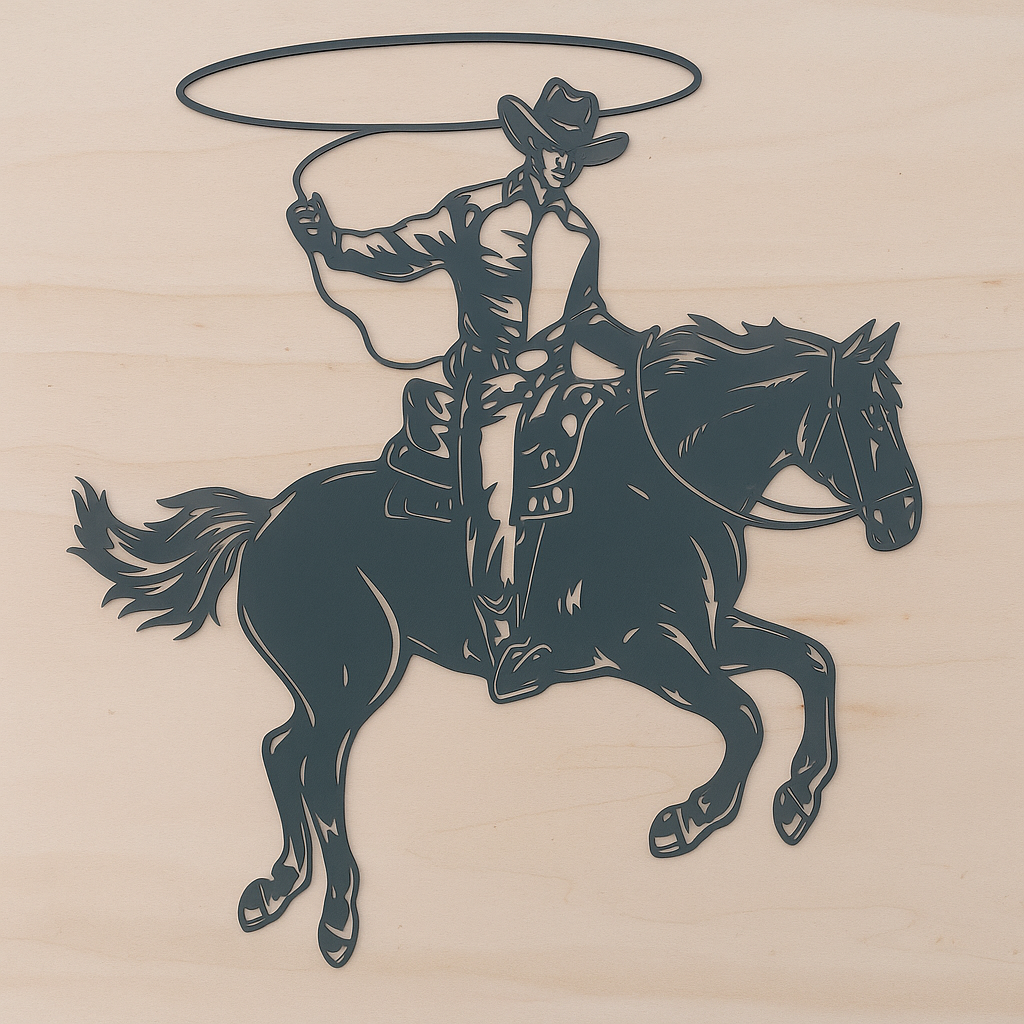 Pferd mit Cowboy aus Metall auf Holz mit Namensschild aus Metall  (ca. 40x40cm) - Handmade - DIE pferdige Geschenkidee ! (Versandkostenfrei!)