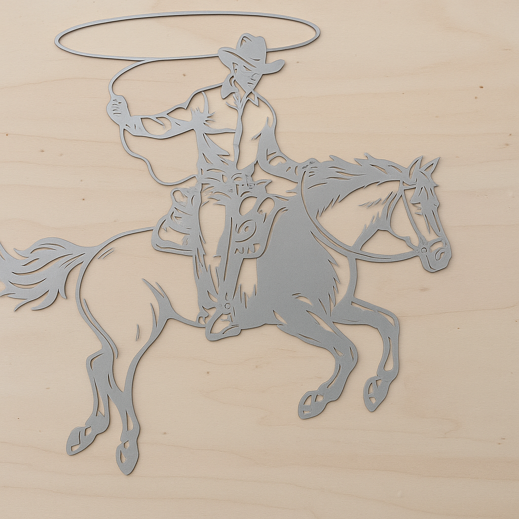 Pferd mit Cowboy aus Metall auf Holz mit Namensschild aus Metall  (ca. 40x40cm) - Handmade - DIE pferdige Geschenkidee ! (Versandkostenfrei!)