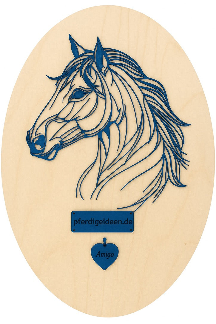 Pferdekopf 3 aus Metall auf Holz mit Namensschild aus Metall inkl. Herz! (ca. 34x30cm) - Handmade - DIE pferdige Geschenkidee ! (Versandkostenfrei!)