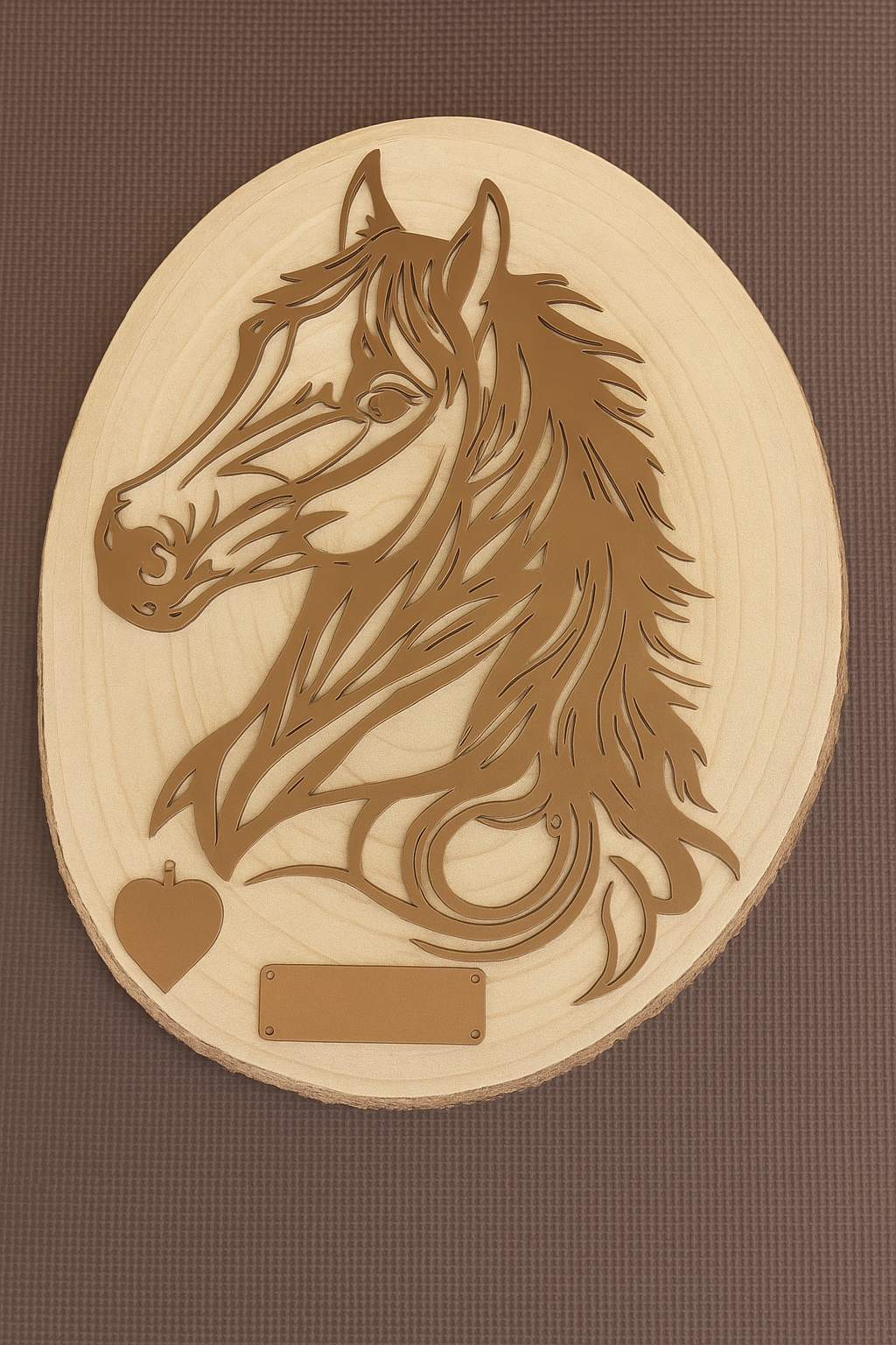 Pferdekopf aus Metall auf Holz mit Namensschild aus Metall inkl. Herz (ca. 40x38cm) - Handmade - DIE pferdige Geschenkidee ! (Versandkostenfrei!)