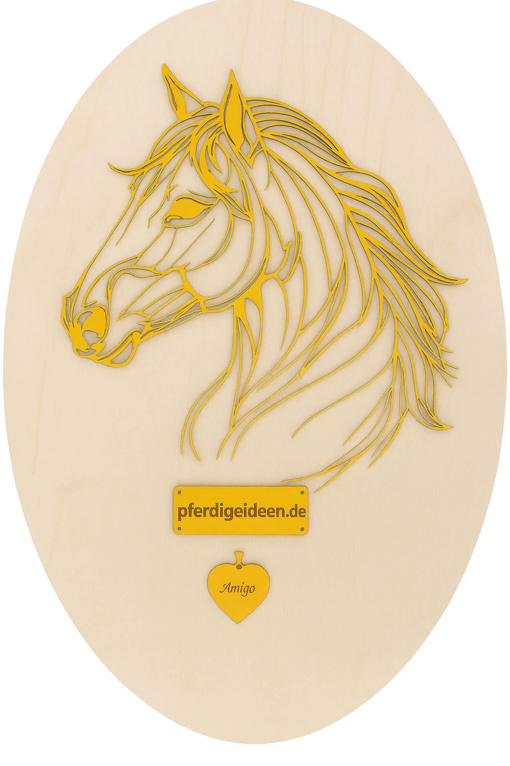Pferdekopf 3 aus Metall auf Holz mit Namensschild aus Metall inkl. Herz! (ca. 34x30cm) - Handmade - DIE pferdige Geschenkidee ! (Versandkostenfrei!)