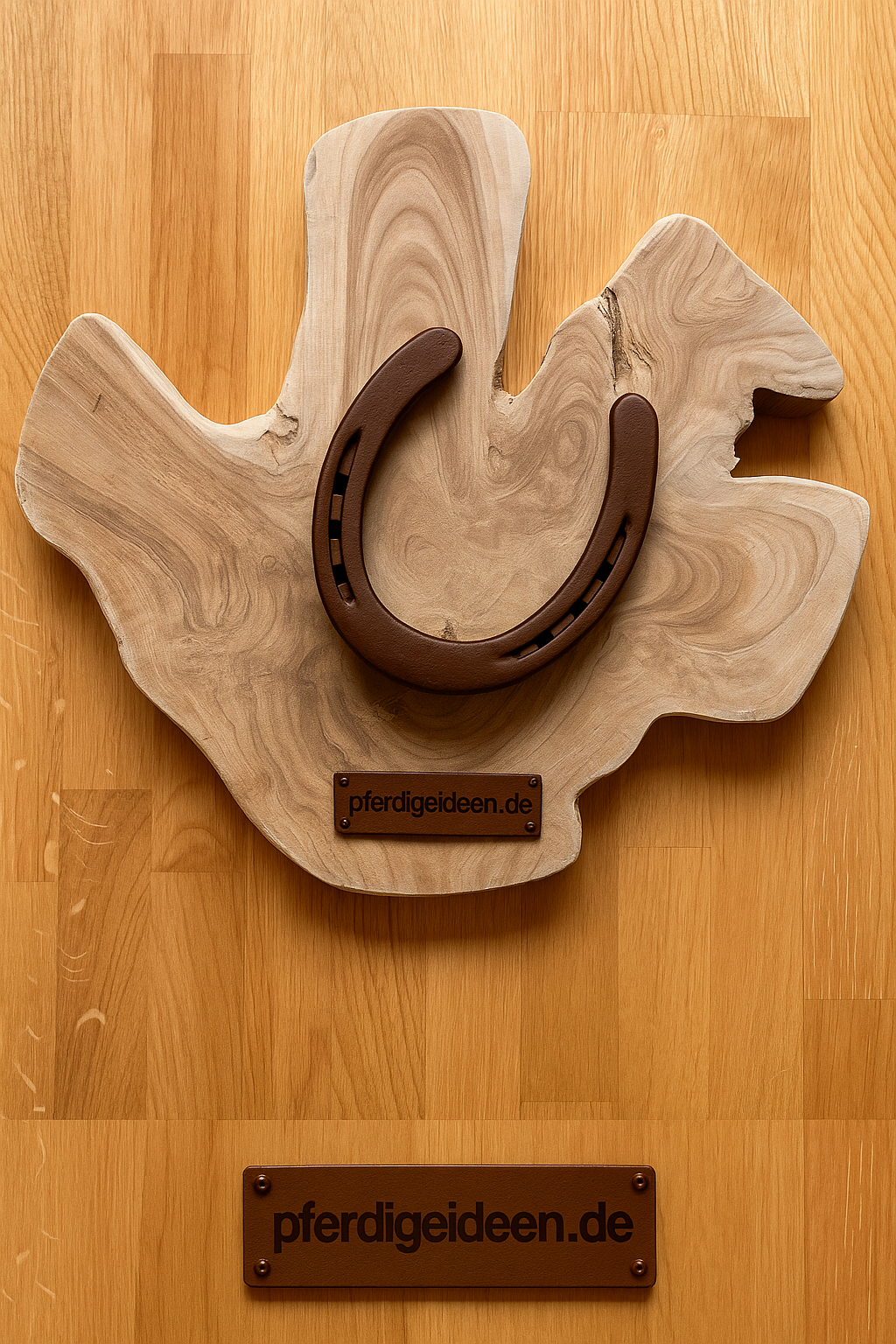 Hufeisen - Original auf Teak Massivholz (ca. 35x35x2 cm) mit Ihrer Wunschgravur aus Metall ! - Handmade - jedes Stück ein Unikat ! DIE pferdige Geschenkidee ! (Versandkostenfrei!)