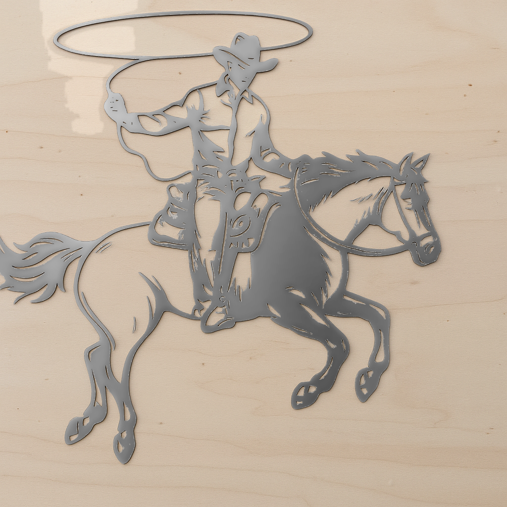 Pferd mit Cowboy aus Metall auf Holz mit Namensschild aus Metall  (ca. 40x40cm) - Handmade - DIE pferdige Geschenkidee ! (Versandkostenfrei!)